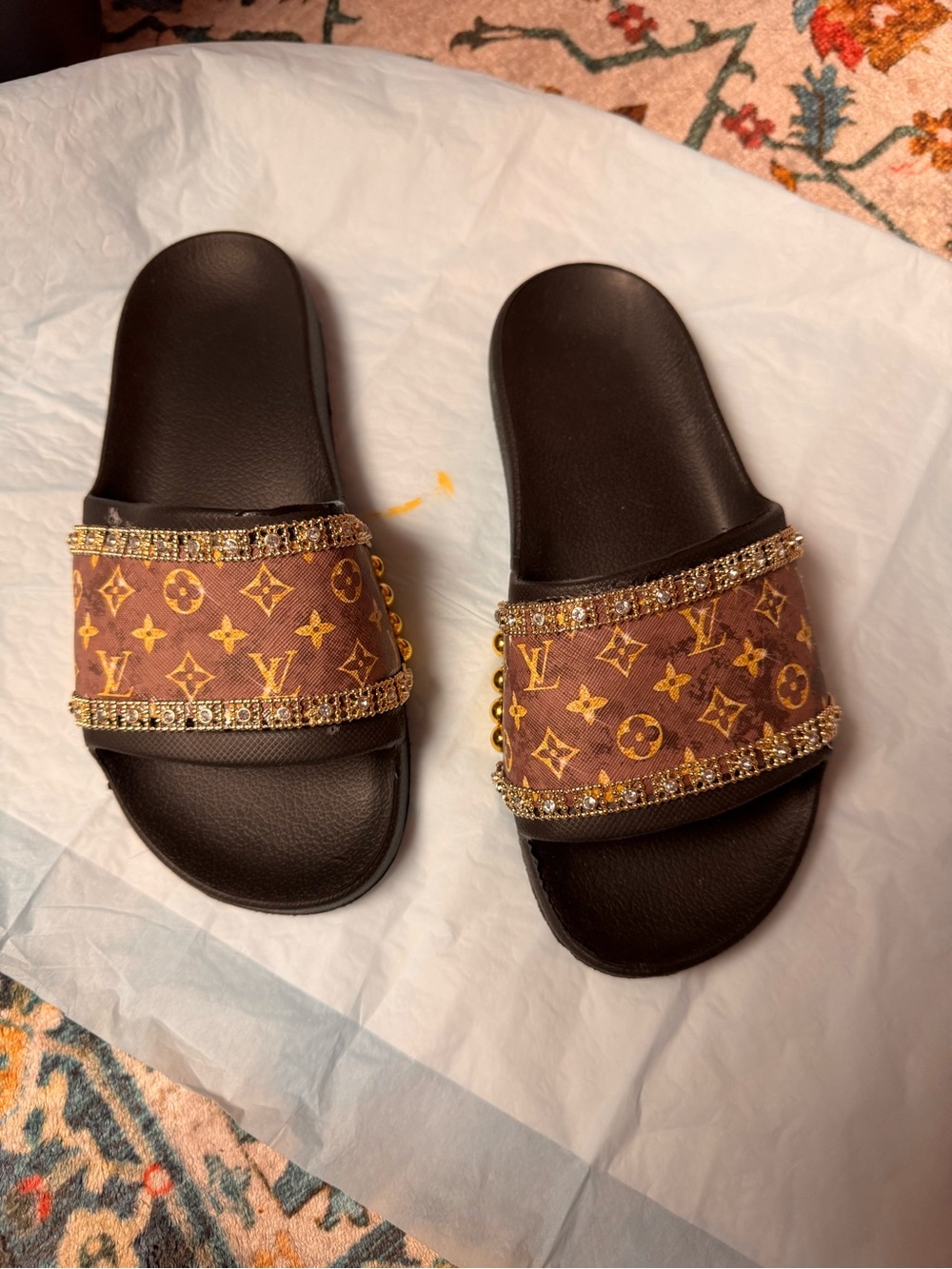 Brown Logo-Print Crystal Slide Sandals